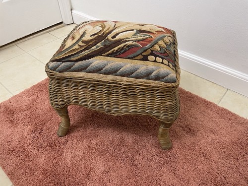 Vintage rattan footstool - vintage, wool